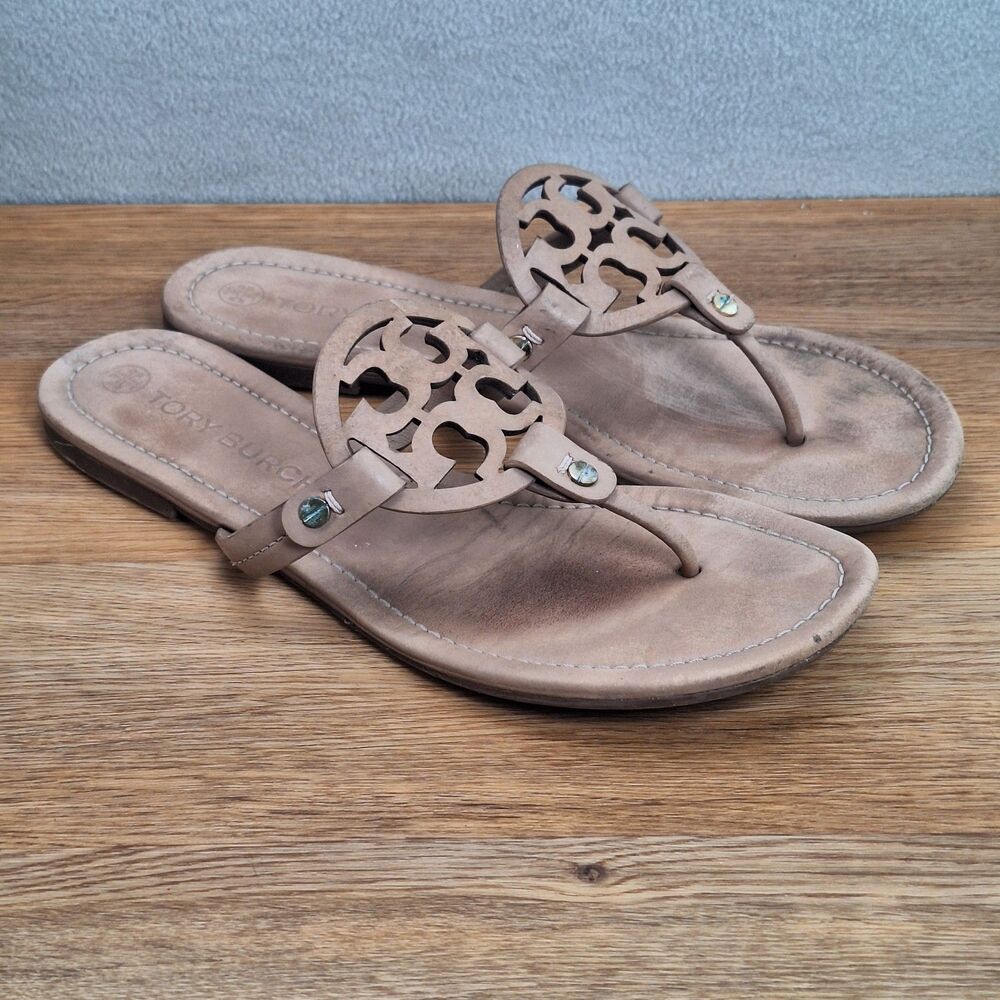 Tory Burch Miller Thong Sandals Women 10.5 Tan Beige Leather Logo Flip Flops